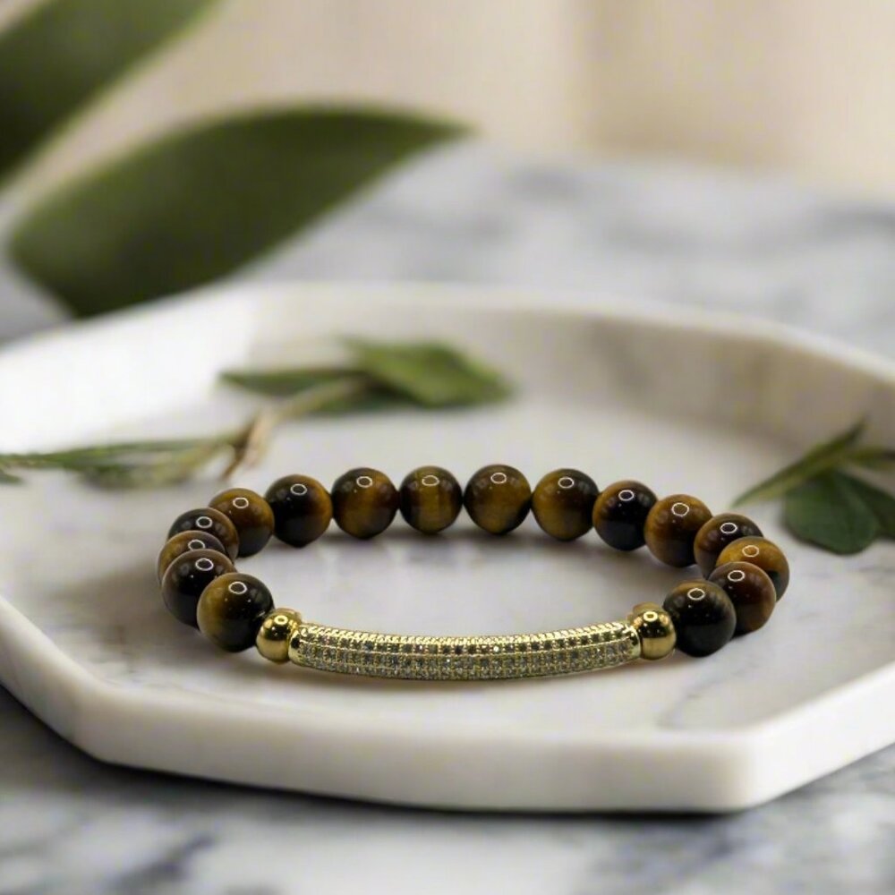 Tiger's Eye Beaded Pave Focal Stretch Bracelet